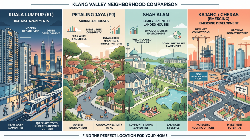 Split-screen showing 4 distinct neighborhoods (modern KL, established PJ, family-friendly Shah Alam, emerging Kajang) in vector illustration style Split-screen showing 4 distinct neighborhoods (modern KL, established PJ, family-friendly Shah Alam, emerging Kajang) in vector illustration style