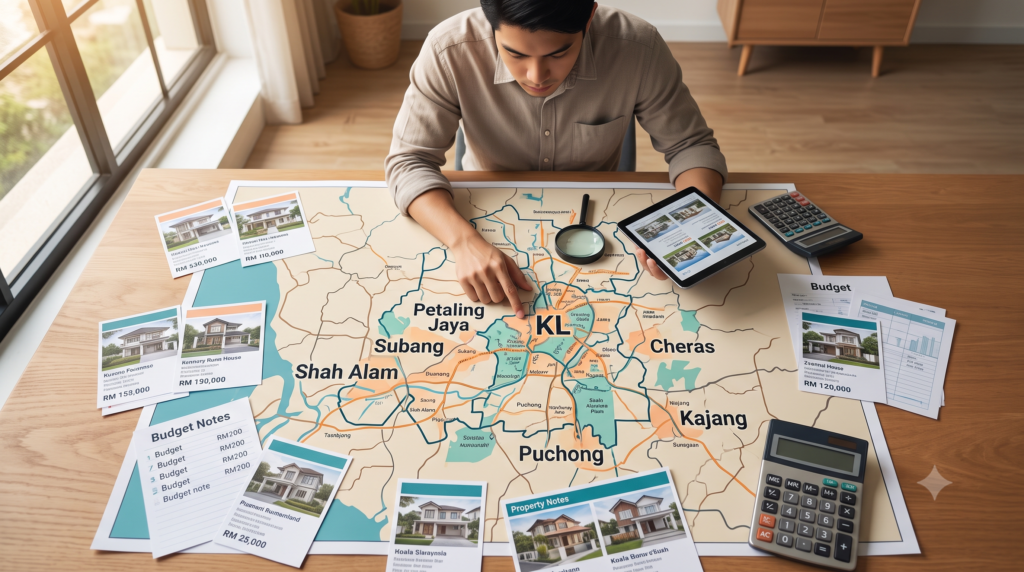 Young Malaysian analyzing Klang Valley map with tablet, scattered notes, thoughtful pose