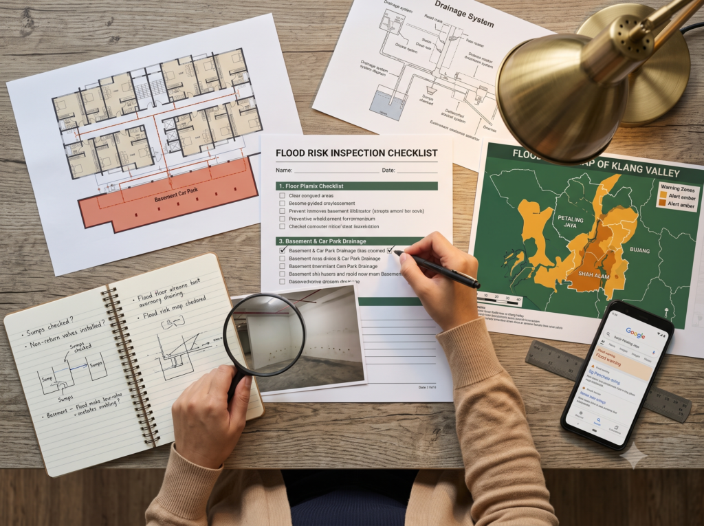 Beli Rumah Tapi Kawasan Selalu Banjir? Ini Benda Wajib Korang Semak Dulu! Flatlay with checklist, floor plans, Klang Valley flood risk map, drainage diagrams, smartphone showing "banjir Petaling Jaya" search