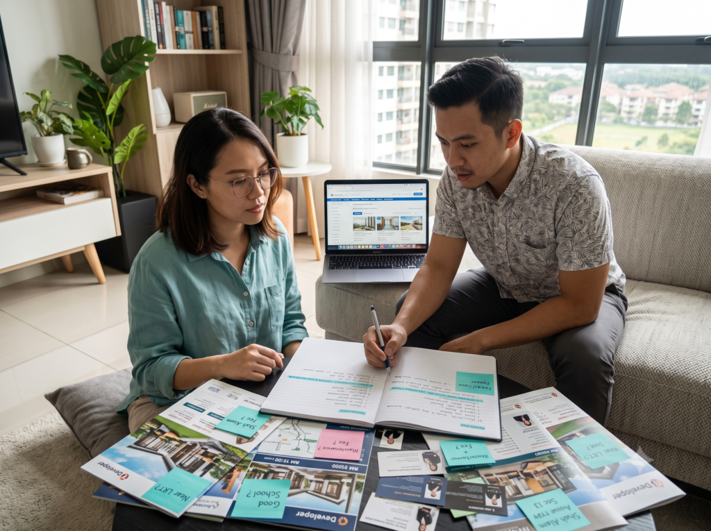 Pasaran Hartanah Klang Valley: Betul-Betul Pulih ke, atau Makin Pilih-Pilih? Couple surrounded by property research materials, laptop, brochures, sticky notes with pros/cons