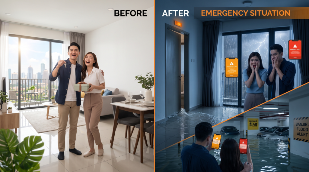 Split-screen: happy couple with keys on LEFT, same couple worried during rain/flooding on RIGHT = immediate before/after reality check