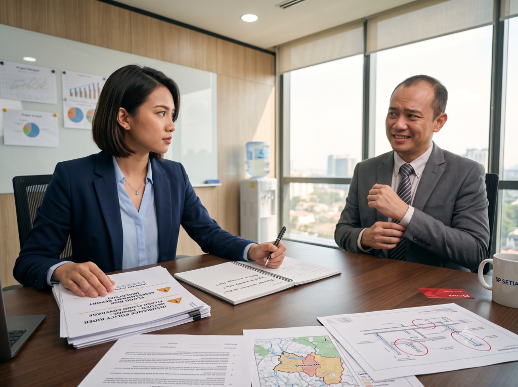 Beli Rumah Tapi Kawasan Selalu Banjir? Ini Benda Wajib Korang Semak Dulu! Buyer assertively questioning developer/agent across table, insurance docs spread out, developer looking uncomfortable = empowered informed buyer