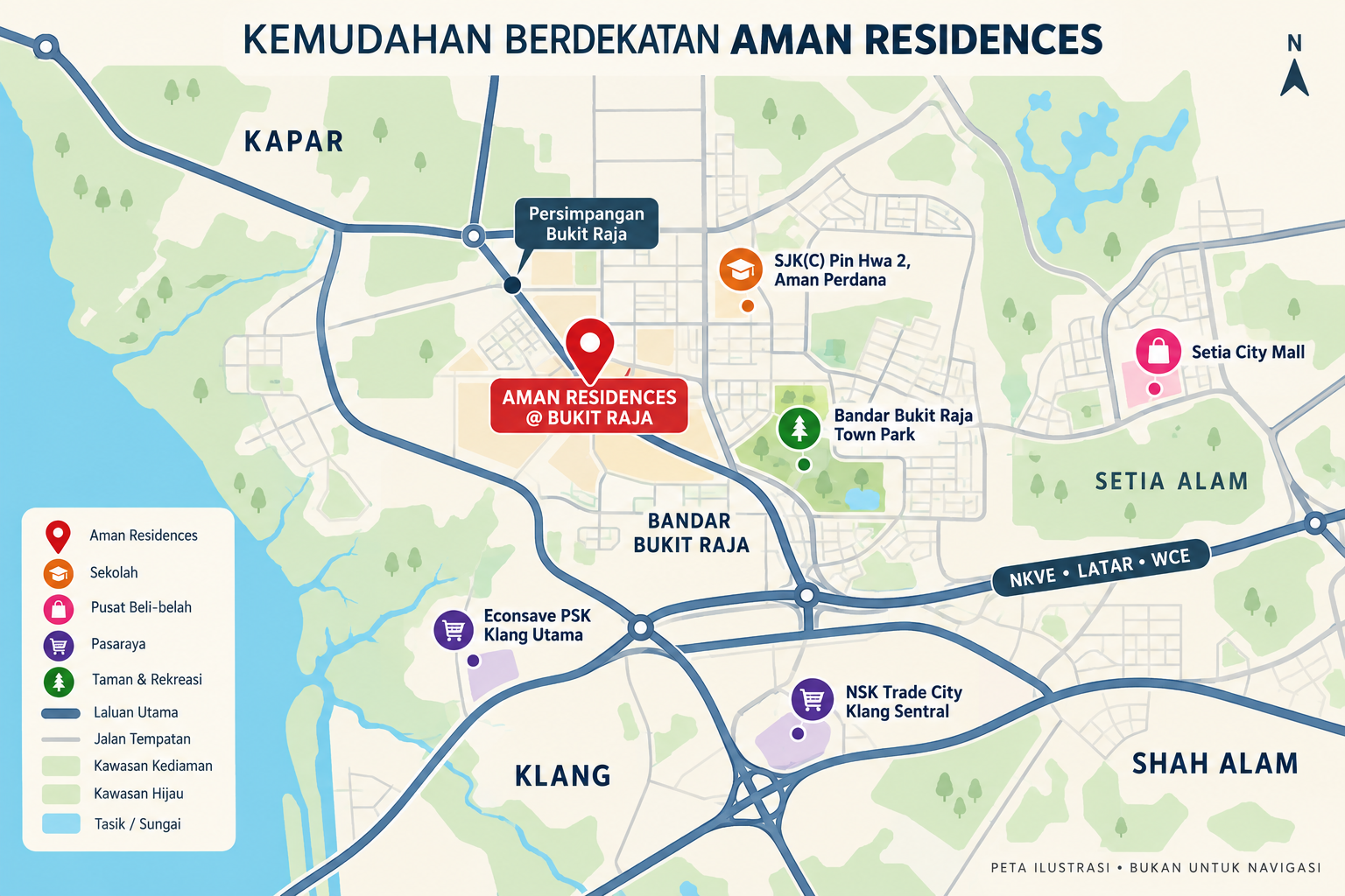 Aman Residences @ Bukit Raja | RSKU First Home Ilustrasi peta Aman Residences @ Bukit Raja dengan sekolah, pasar raya, taman, Setia City Mall dan akses lebuh raya berdekatan.